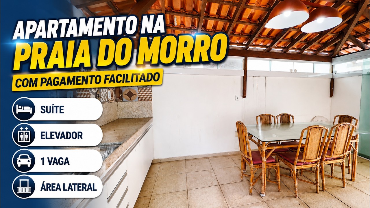 Apartamento na Praia do Morro com pagamento facilitado, suíte, elevador, vaga e área lateral