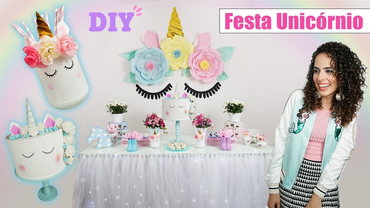 DIY MINHA FESTA DE ANIVERSÁRIO UNICÓRNIO: flores de papel gigantes, bolo falso, centro de mesa, e +
