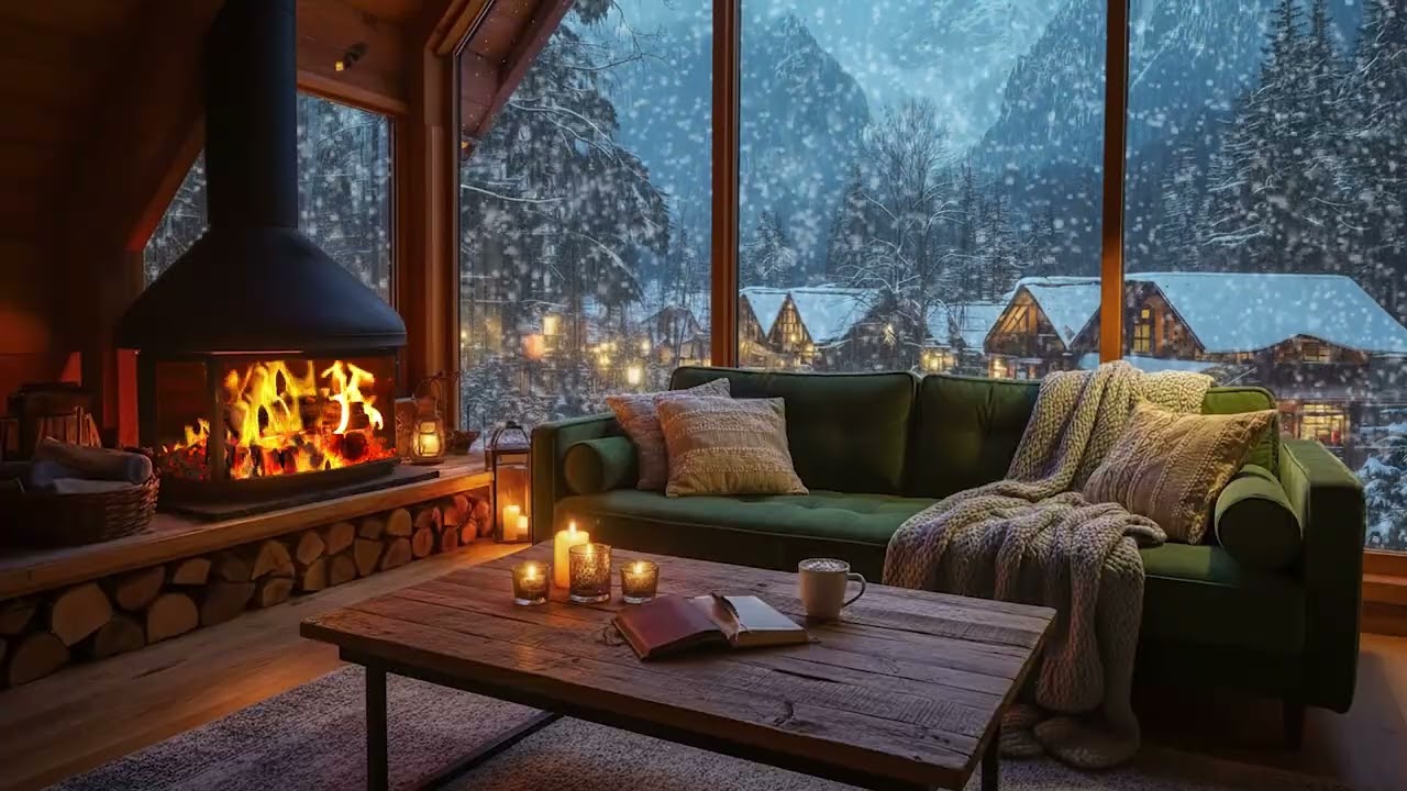 Snowy Night Outside a Cozy Log Cabin ❄️ Fireplace Crackles for Relaxing Sleep