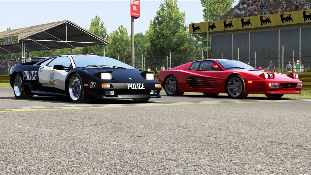 Lamborghini Diablo VT Police vs Ferrari 512 Testarossa at Monza Full Course