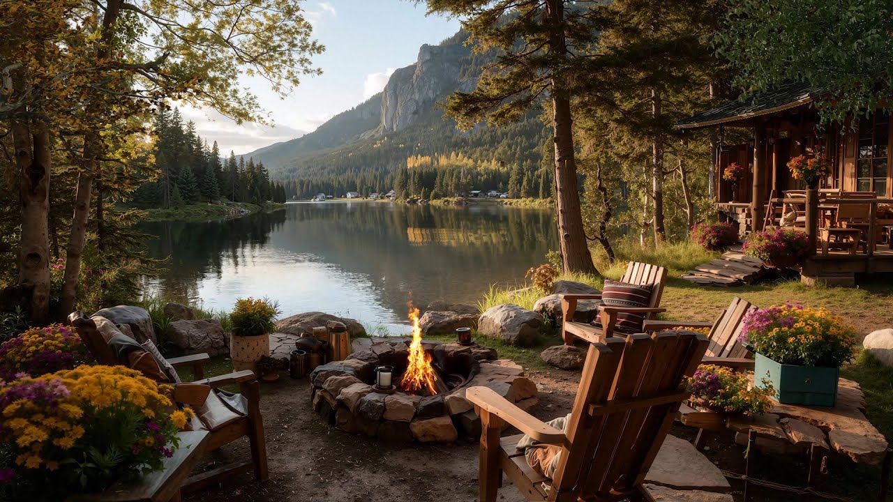 Lakeside Cabin in the Mountains | Peaceful Firepit and Nature Sounds for Relaxing