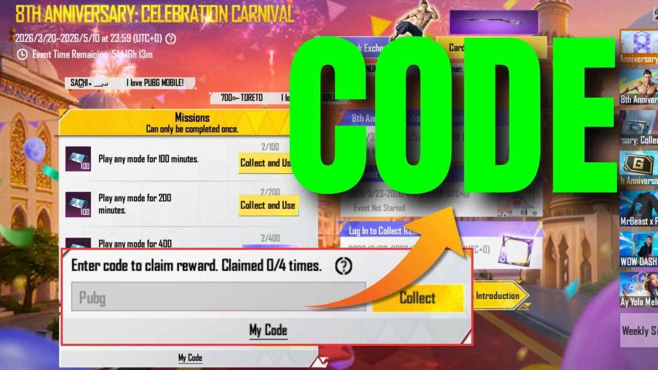 8TH ANNIVERSARY CODE PUBG MOBILE | 4 CODE ANNIVERSARY CELEBRATION CARNIVAL