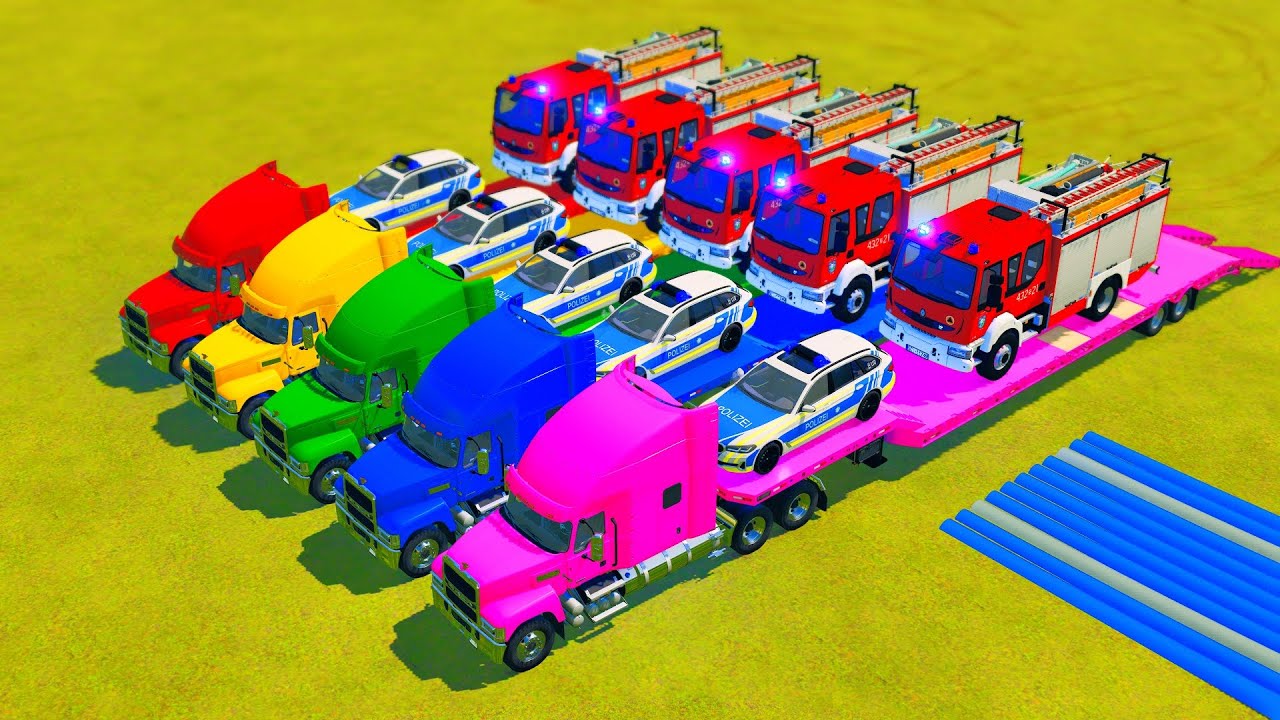 COLORFUL TRUCKS TRANSPORTING POLICE CAR AND FIRETRUCKS - Farming Simulator 22