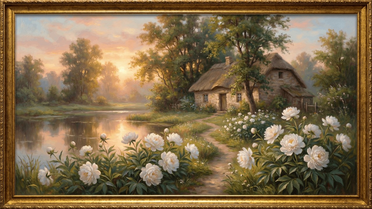 Classic White Peonies Countryside Painting | Gold Frame TV Art | Art Screensaver for TV | 1 Scene
