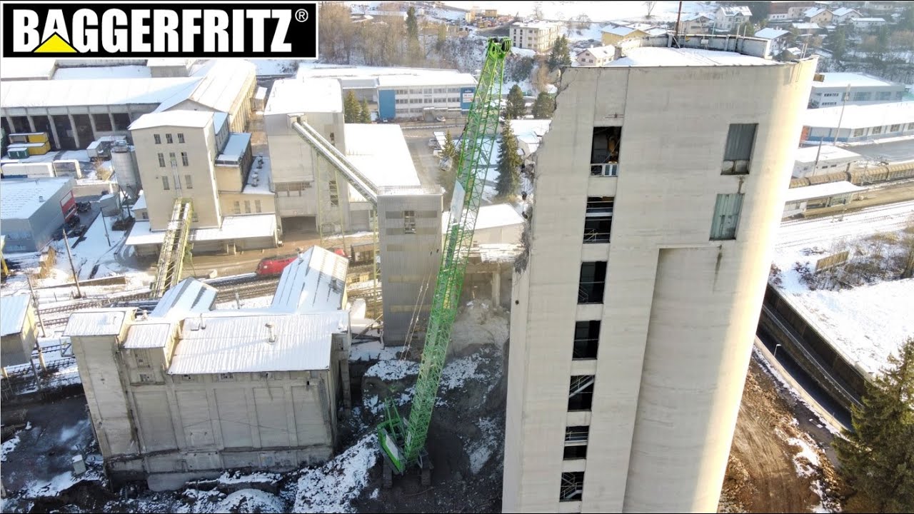 INSANE wrecking ball demolition with Sennebogen 6130E - drone view