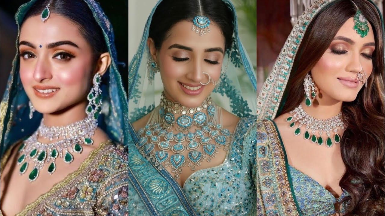Jewellery ideas For sky blue bridal Lehenga - how to style jewellery with bridal blue lehenga