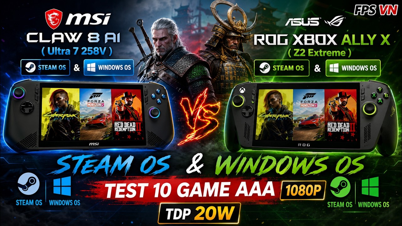 Rog Xbox Ally X (Z2 Extreme) & Claw 8 Ai (Ultra 7 258V) Steam OS & Window OS Test Game 1080p TDP 20W