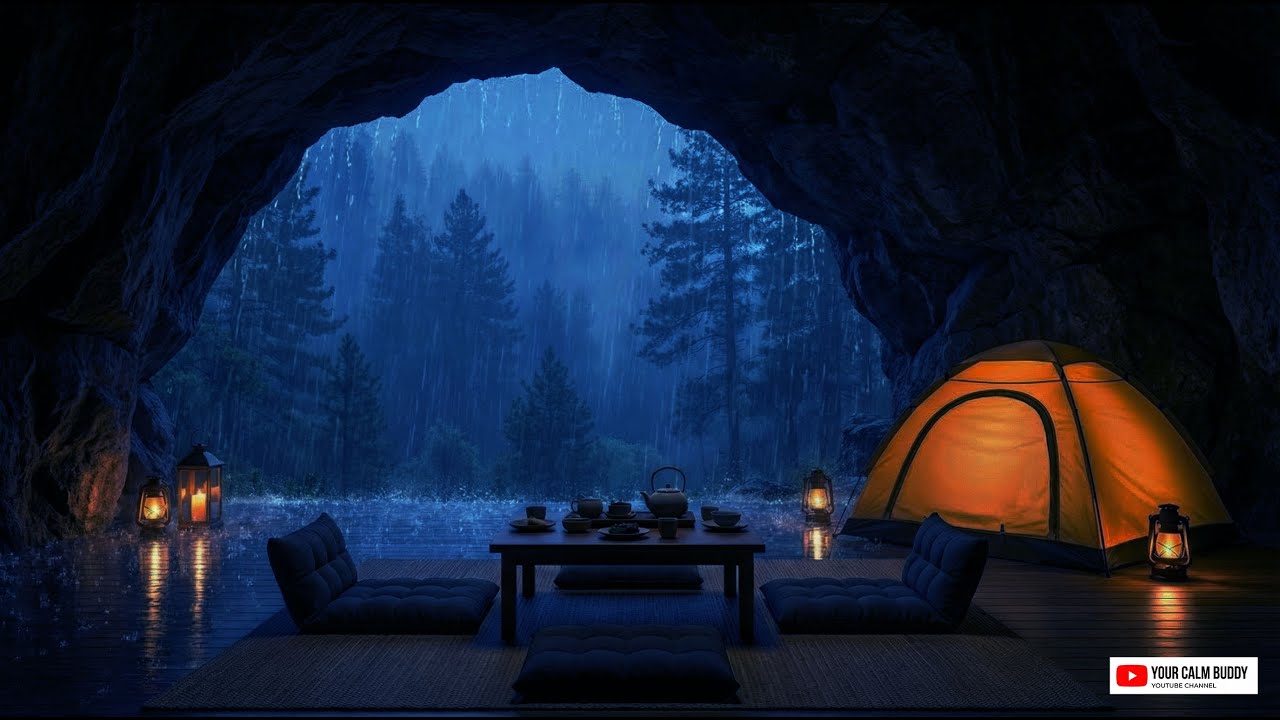 Rainy Forest Cave Retreat ⛈️ Thunderstorm Ambience for Sleep and Stress Relief