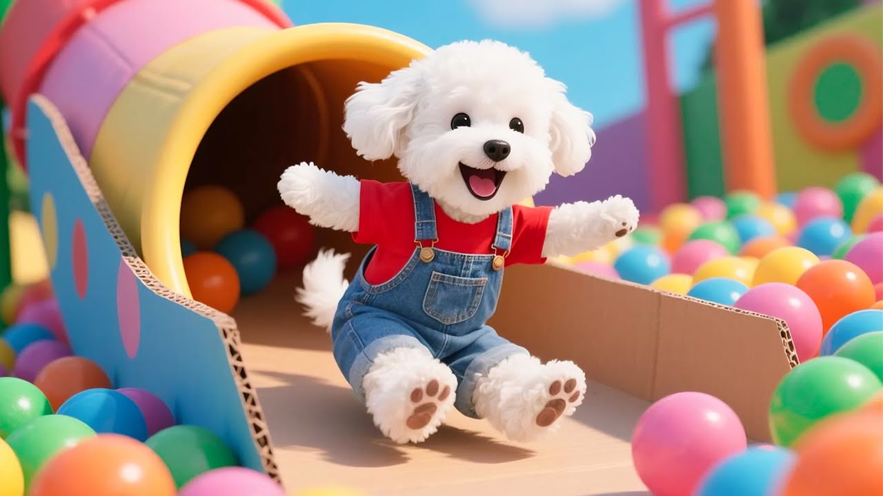 엄마 강아지와 아기 강아지가 마당에서 골판지를 초호화 미니 공원으로 변신시켰어요! 🐶✨