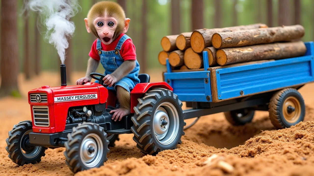 Monkey Nana drives the tractor into the forest and faces challenges while chopping trees