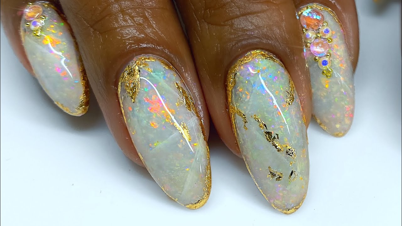 White Opal Gel Nail Tutorial | Made with REAL Opal | Gemstone Nail Art | Gold Leaf Nails