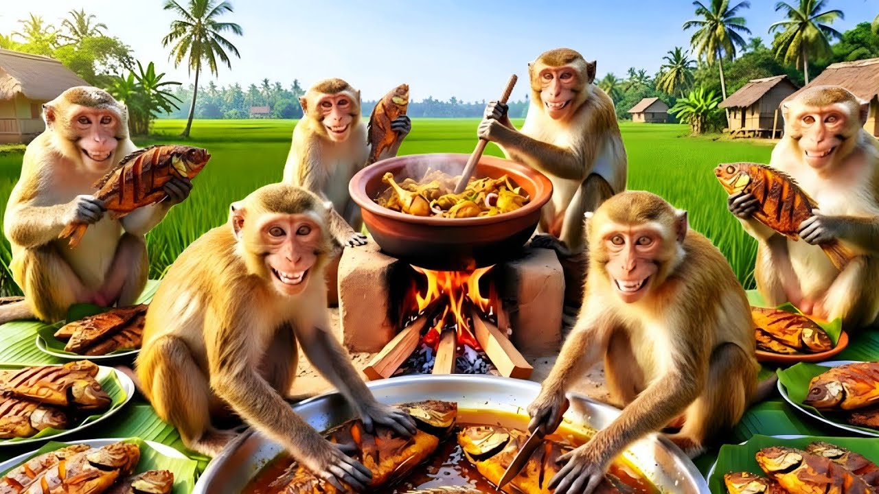 बंदर देसी अंदाज में मछली पकड़कर पकाते हैं! 🐟🐒 | The village monkeys came together to make fried fish