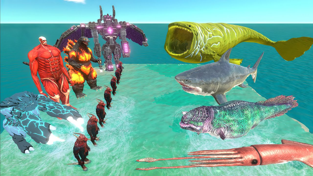 Aquatics Battle - The Bloop VS Demon Team With Burning Godzilla - Animal Revolt Battle Simulator