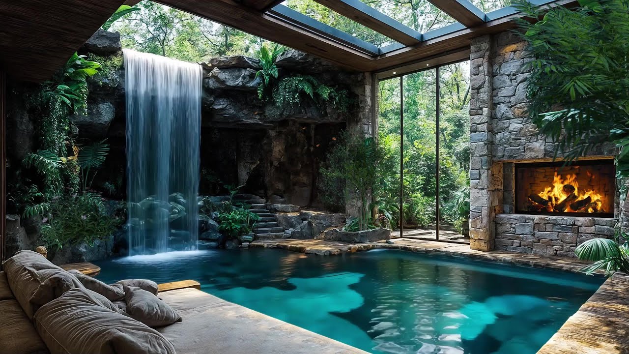 Luxury Indoor Waterfall Pool with Fireplace 🔥 Relaxing Rain & Nature Ambience in 4K