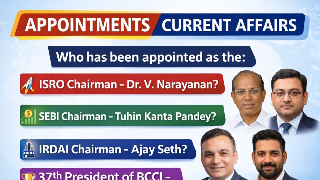 Appointments 2026 🔥 Most Important Questions | ISRO, SEBI, IRDAI, BCCI | SSC/RRB NTPC