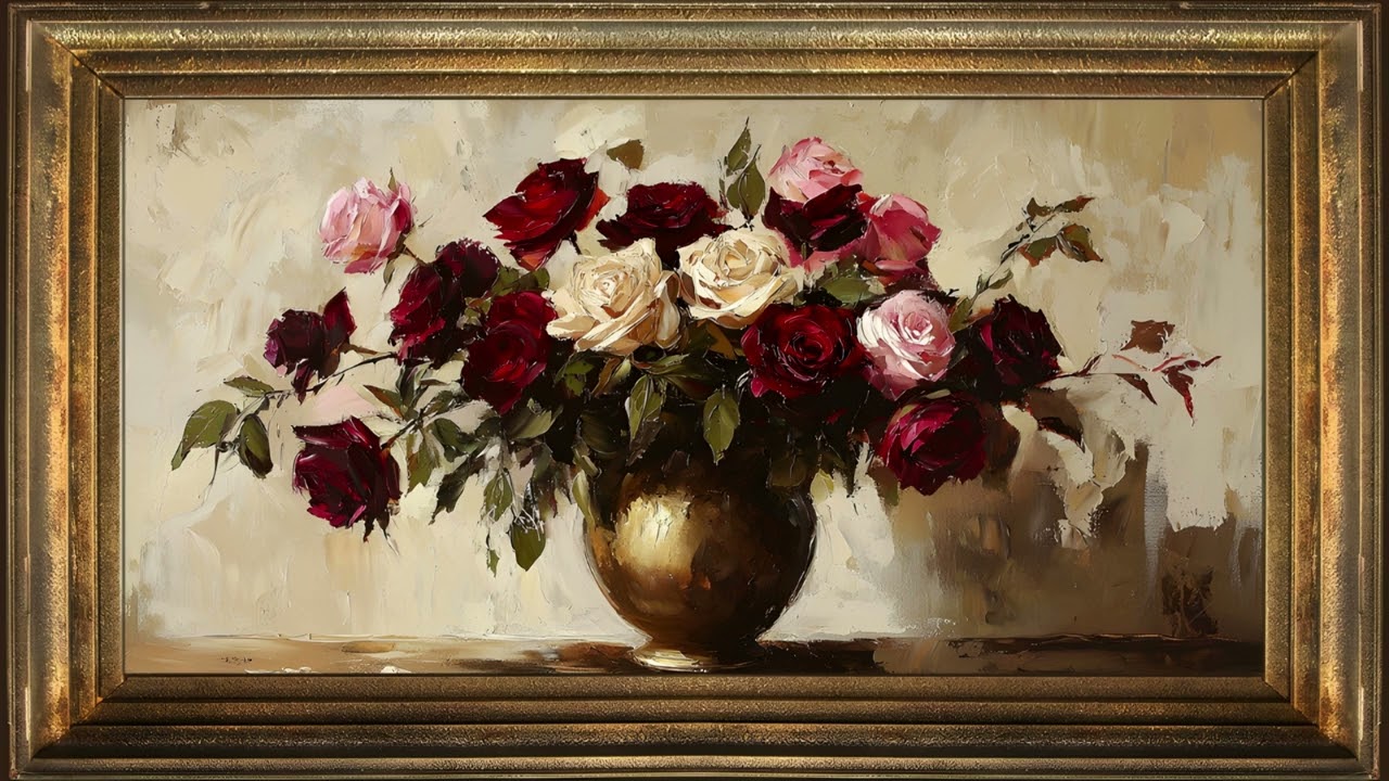 Roses in Gold Vase, Rustic Moody Vintage Oil Painting | Framed Art Screensaver for TV