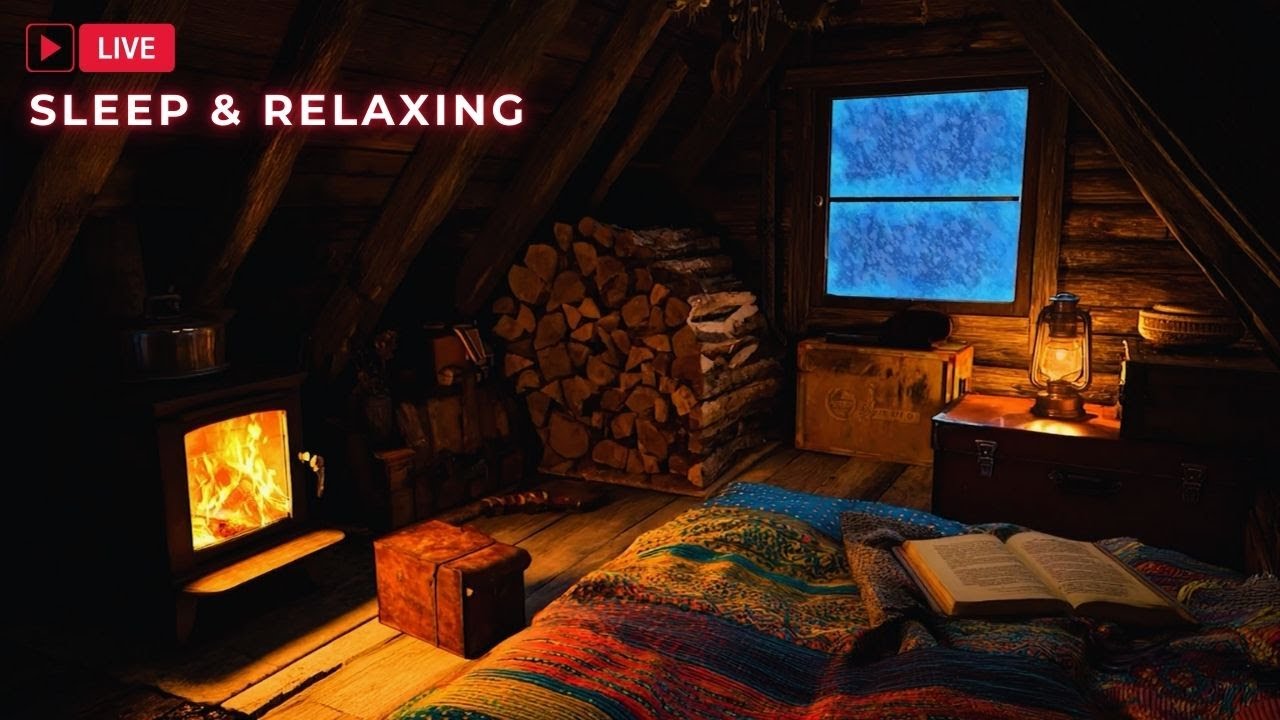 Fall Asleep in a Warm Wooden Cabin - Fireplace Crackles & Blizzard Winds for Sleep Induction