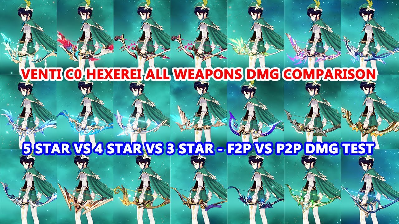 Venti C0 Hexerei All Weapons DMG Comparison | 5 Star vs 4 Star vs 3 Star - F2P vs P2P DMG Test