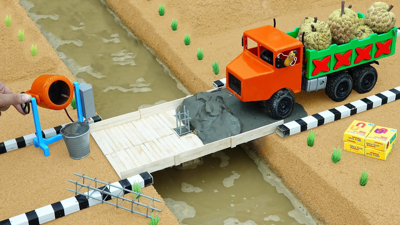 DIY Mini Truck Builds Brick & Metal Railing Bridge | Fun Construction Science Project#3