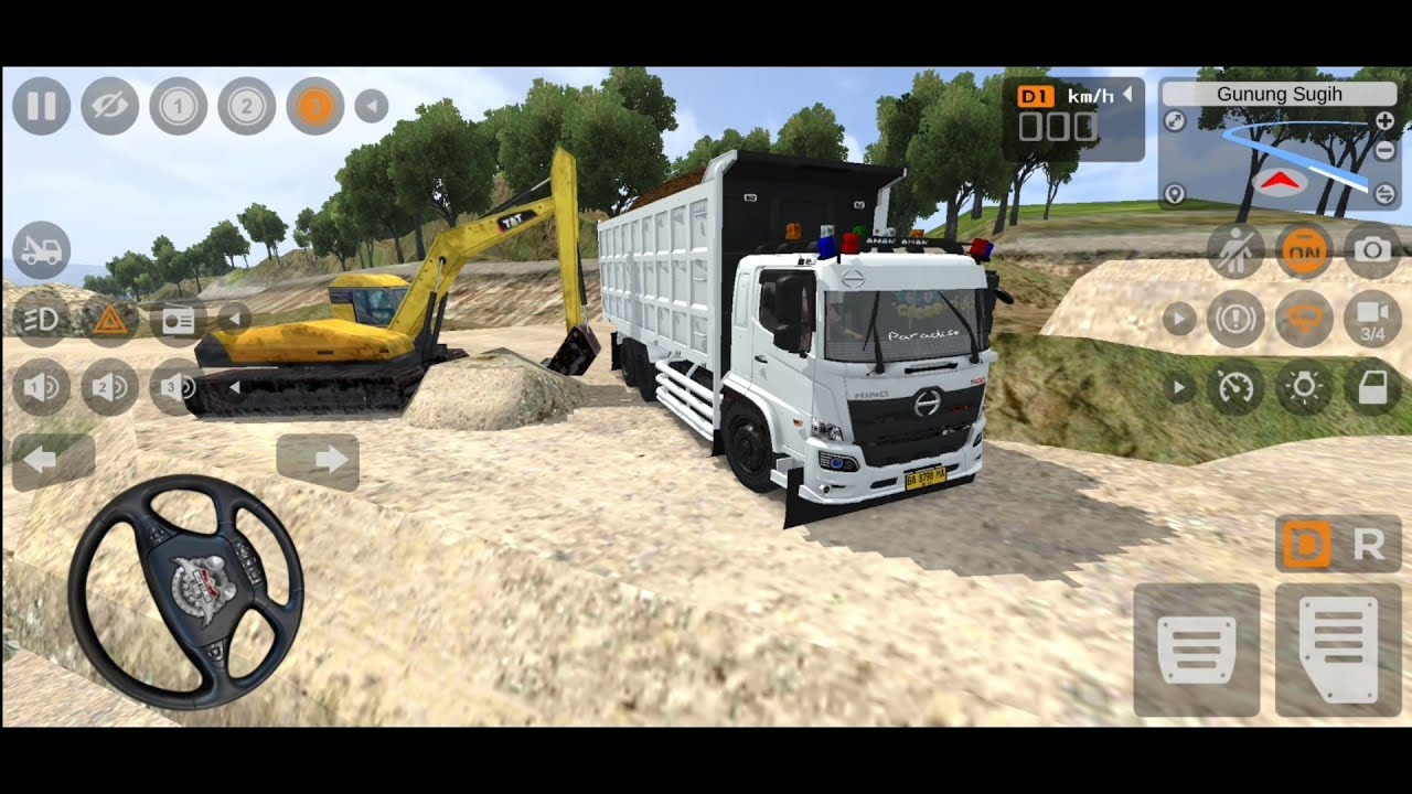 WADAW PERMAINAN DUMP TRUK WARNA PUTIH MUAT TANAH PASIR DI PERBUKITAN - GAME BUS SIMULATOR INDONESIA