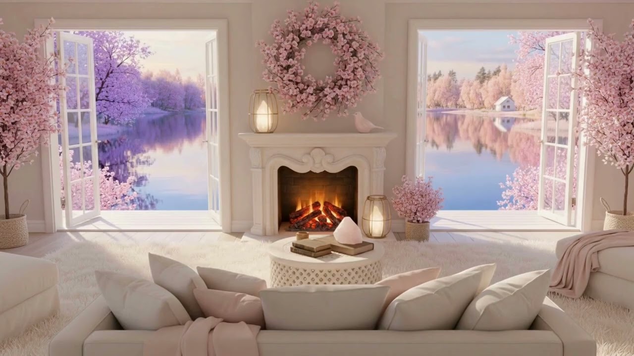 Gentle Spring Blossoms by the Lake 🌸✨ Soft Piano & Fireplace Ambience for Study Relax