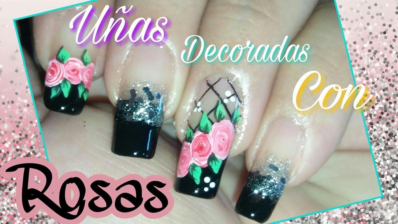 Decoración de uñas con rosas y frances negro