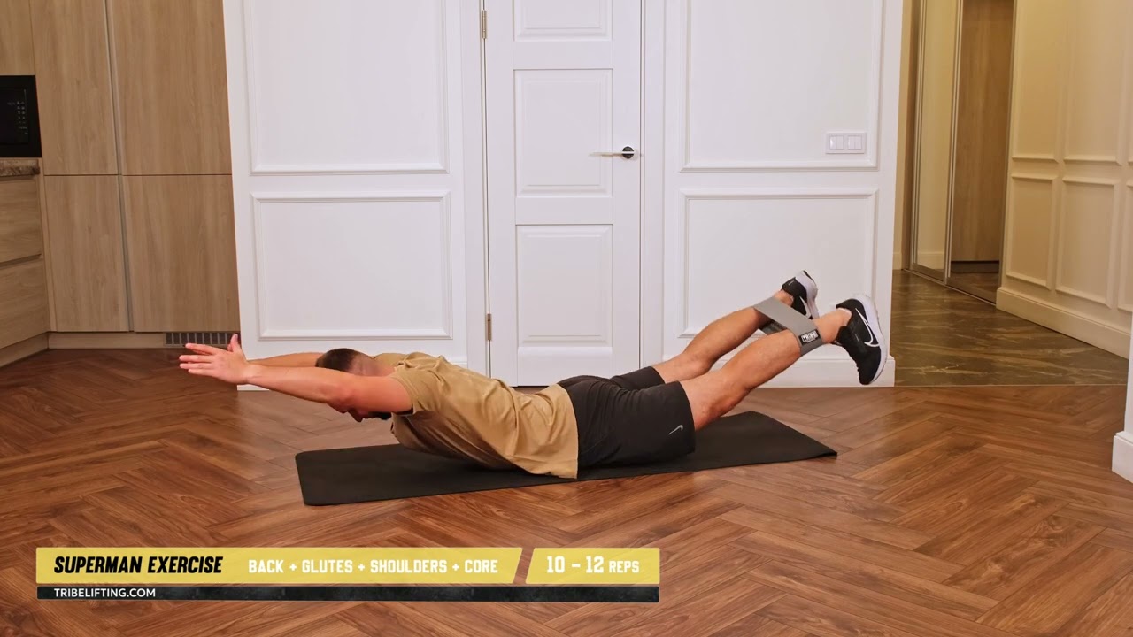 Superman Exercise with Tribe Lifting Fabric Resistance Bands for Back, Glutes, Shoulders, and Core