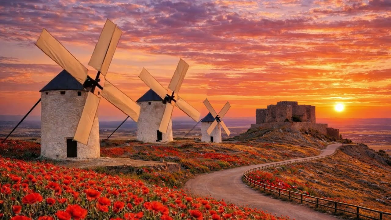 Molinos al Atardecer 🌅 Campo de Amapolas con Viento Relajante | 4H Cozy Relax