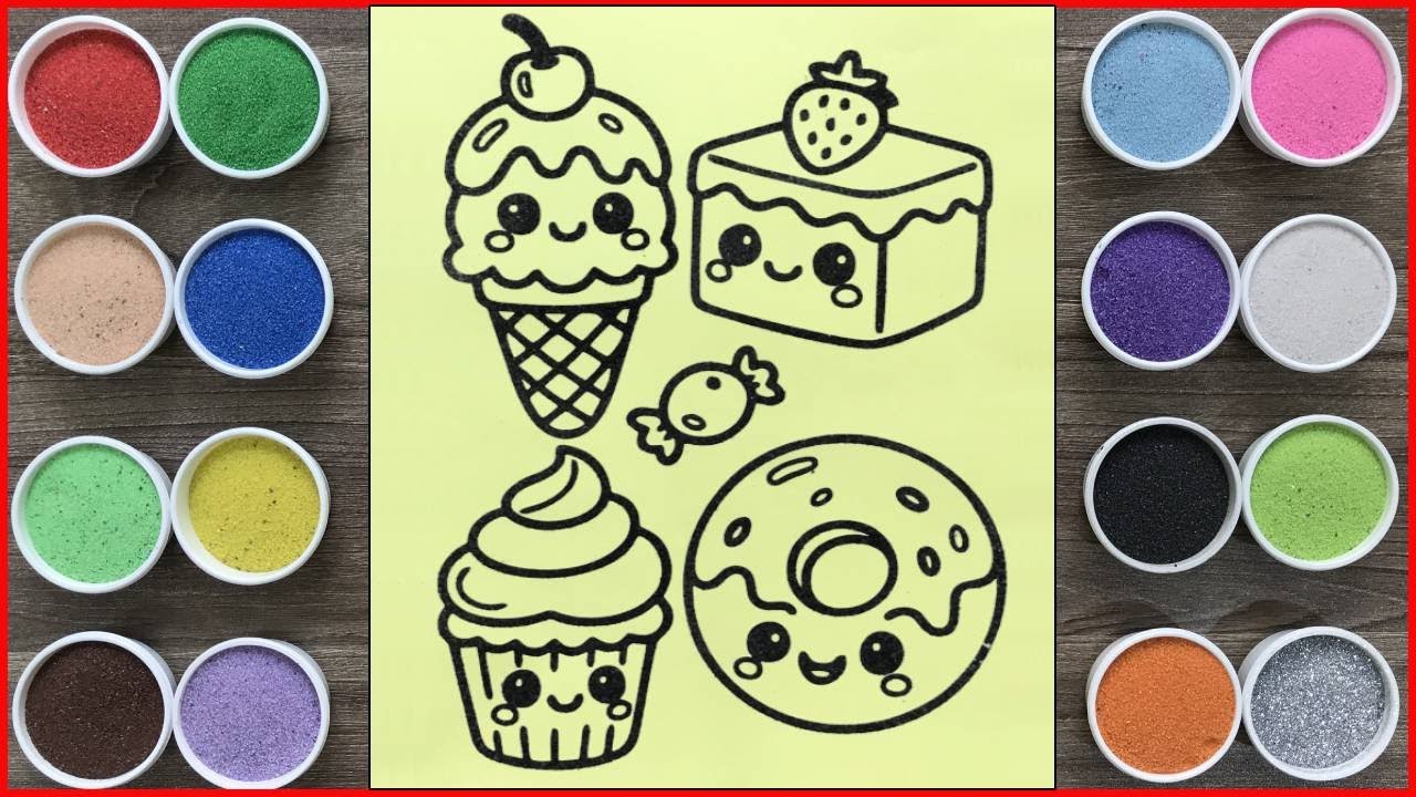 ASRM Ice cream, donut, cake sand painting - Coloring tutorial, simple drawings (Chim Xinh channel)