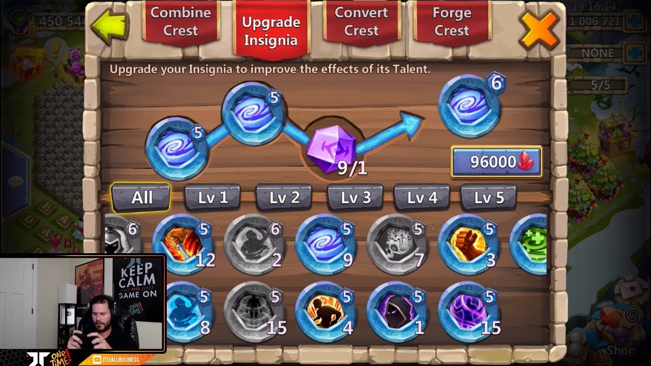 JT's Main Upgrading INSIGNIA Crests To Level 6 Comparing Stats Castle Clash