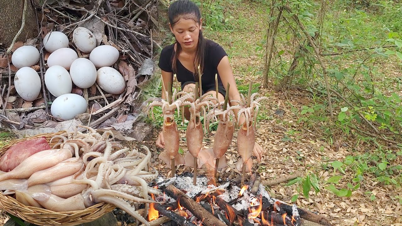 Cooking Unique spicy Squids grilling recipe and yummy delicious for jungle food