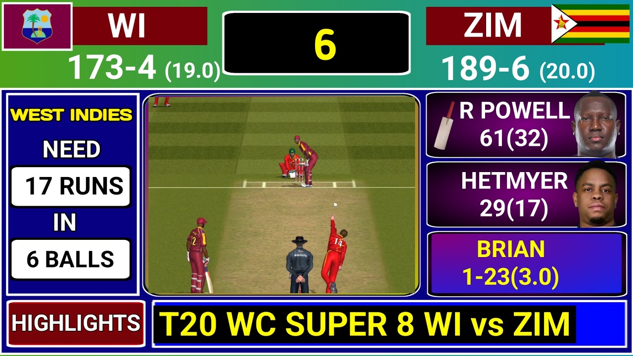 West Indies Vs Zimbabwe T20 World Cup Super 8 Match Score & Commentary | WI vs ZIM Last Over