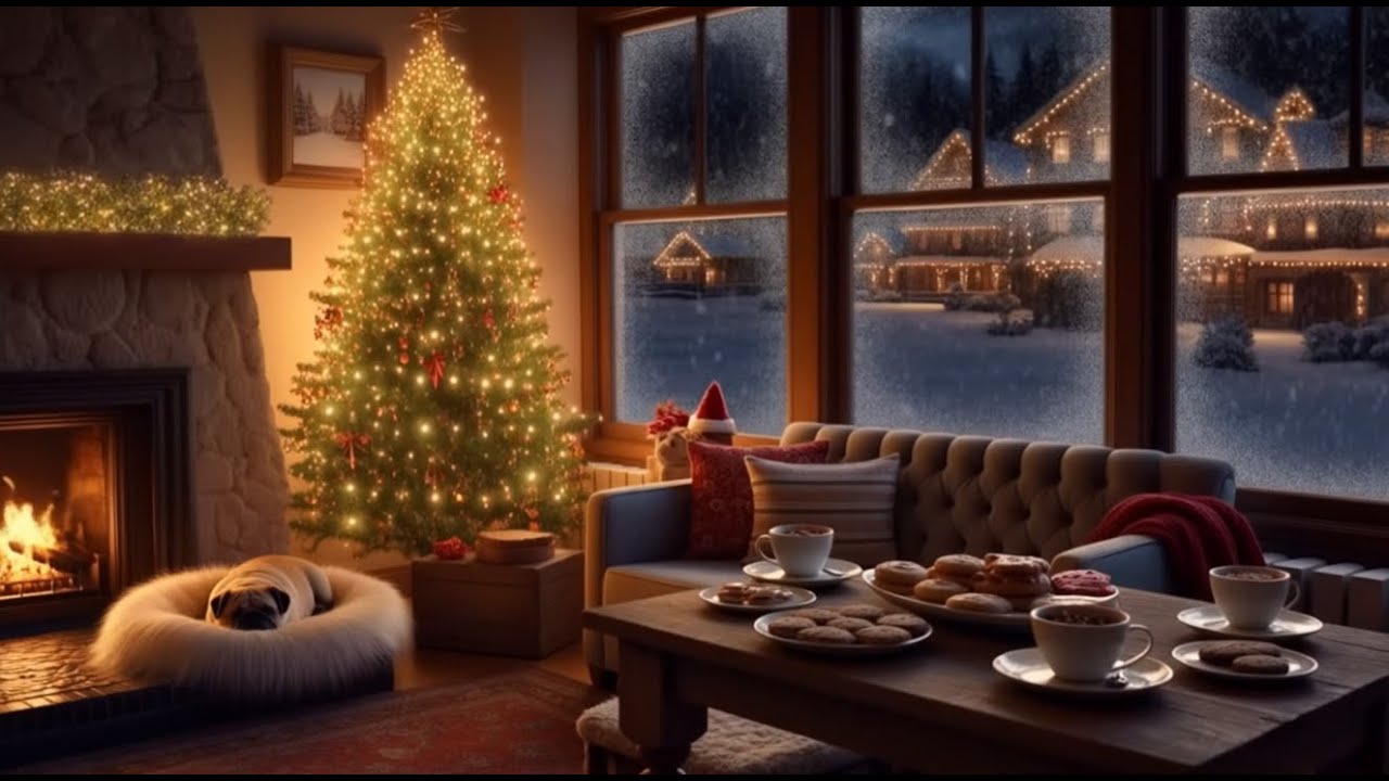 🎄 Warm Christmas Eve Ambience ☕ Cozy Coffee Shop Porch, Fireplace & Sleeping Pug (1 Hour)