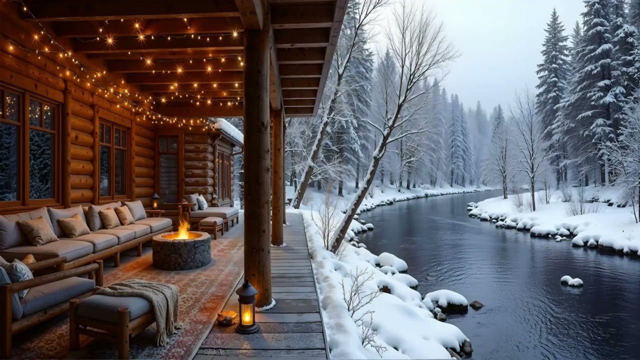Cozy Winter Cabin Ambience 4K | Crackling Fireplace & Snowfall Nature Sounds for Relaxation