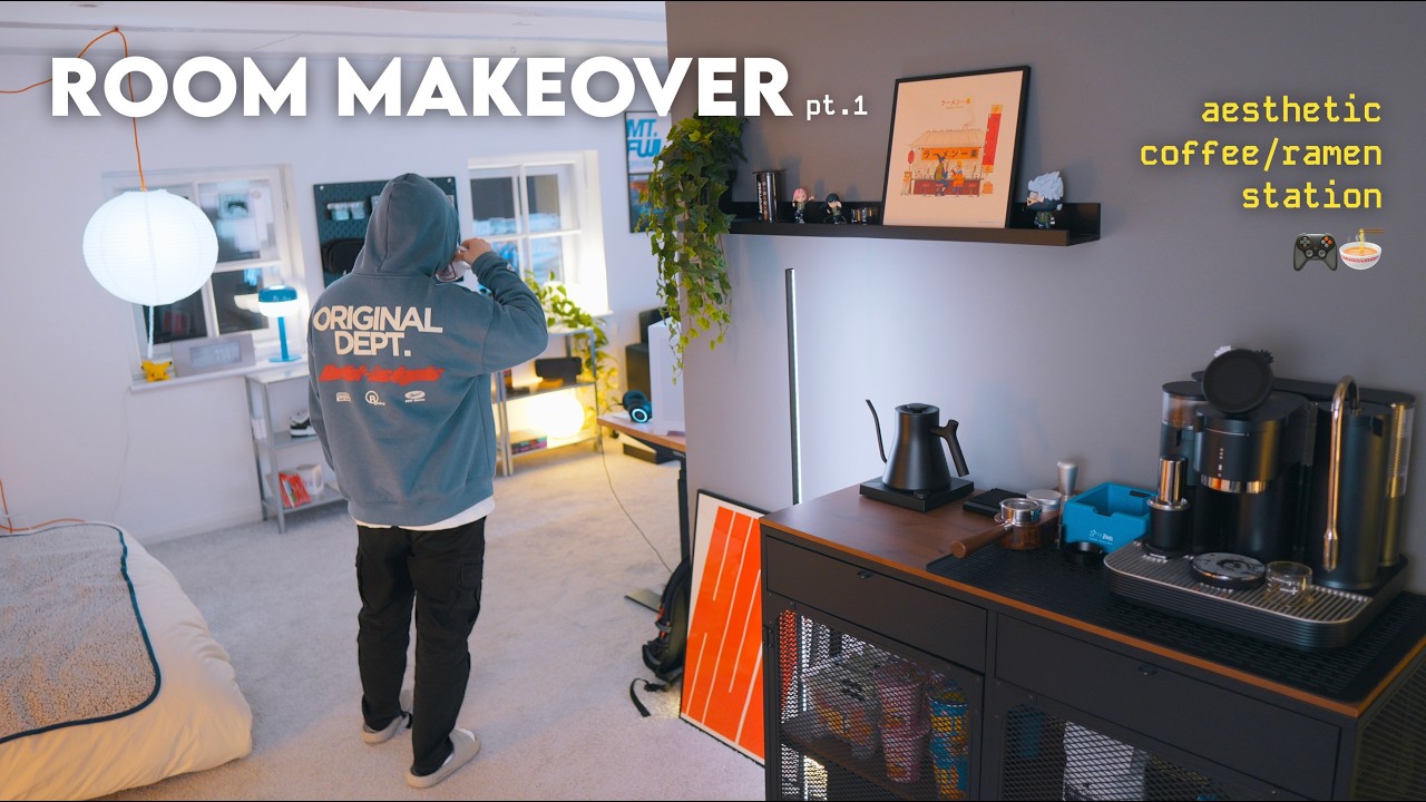 small room makeover pt.1 | building my gaming ramen and coffee station ☁️🍜 aesthetic and cozy