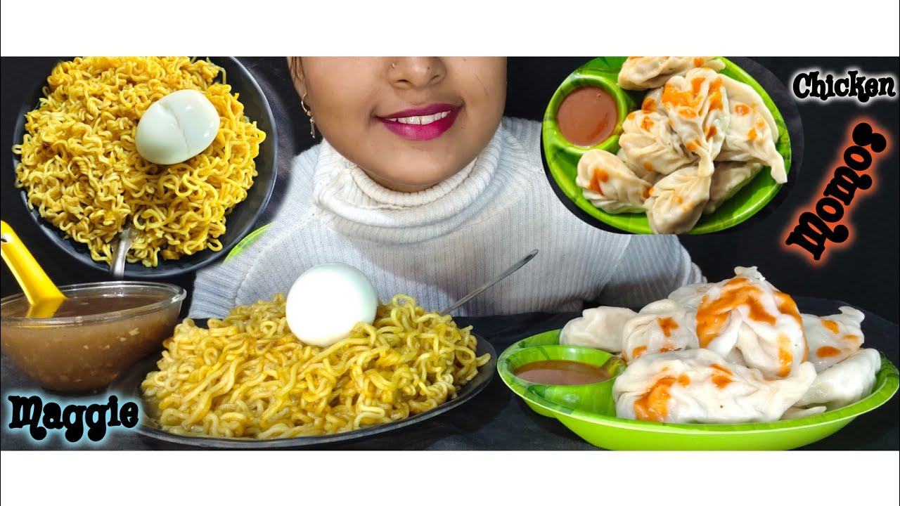 Chicken momo, Maggie, boiled egg 🥚 eating Show 😋
