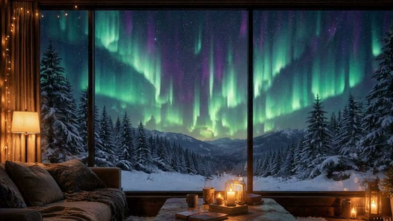 Cozy Winter Night Ambience for Reading & Relaxation | Alaska Northern Lights Cottage 🌌 (1 Hour)