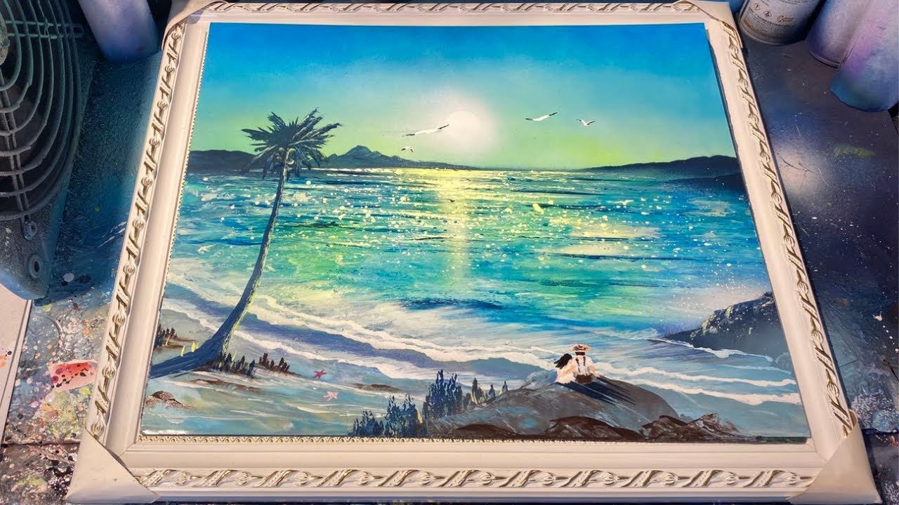 🆕How To Paint Sunrise Over Water With Spray Paint ➡ Spray Painting Tropical Beach Scene !Amazing!