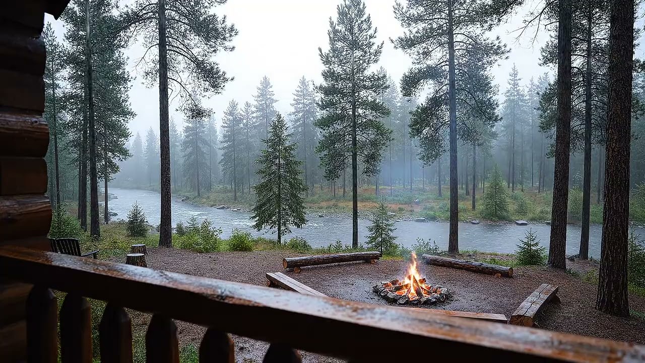 Rainy Forest Campfire by the River 🌧️🔥 Cozy Cabin Ambience  Rain Sounds for Sleep & Relax
