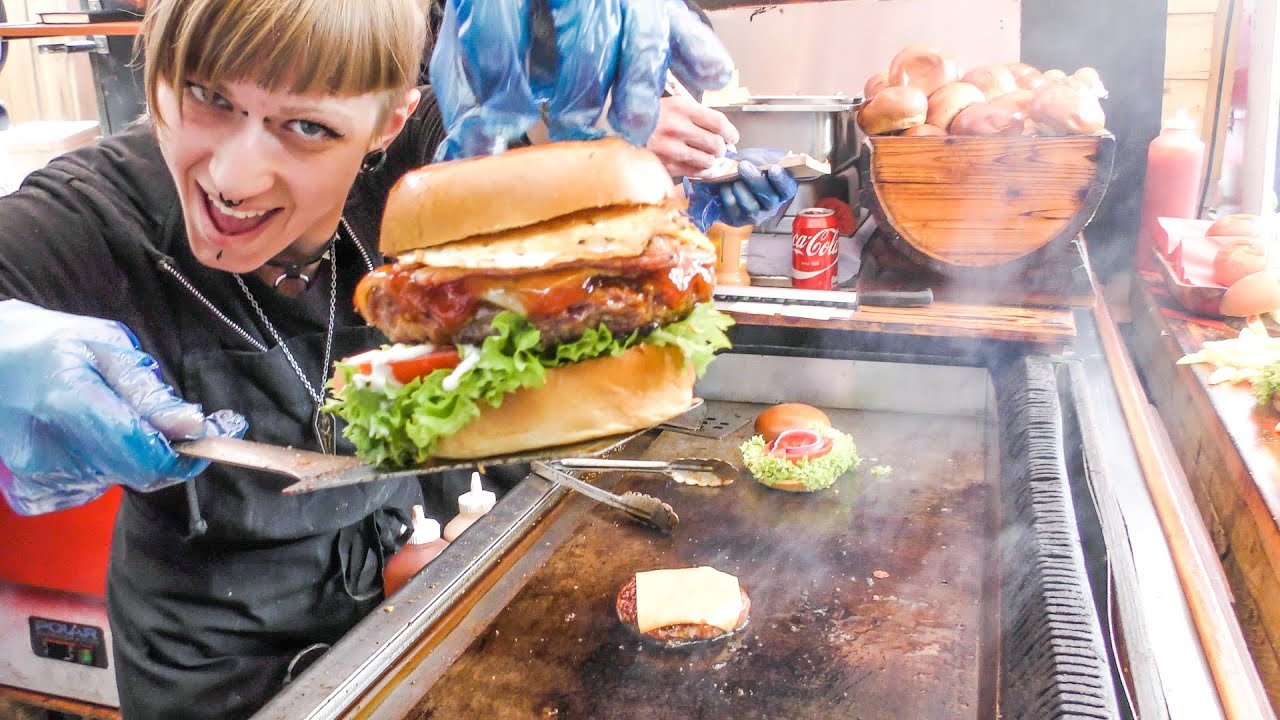 London Street Food. Huge Meat Sandwich, Gourmet Burger with Montgomery Cheddar and More Burgers