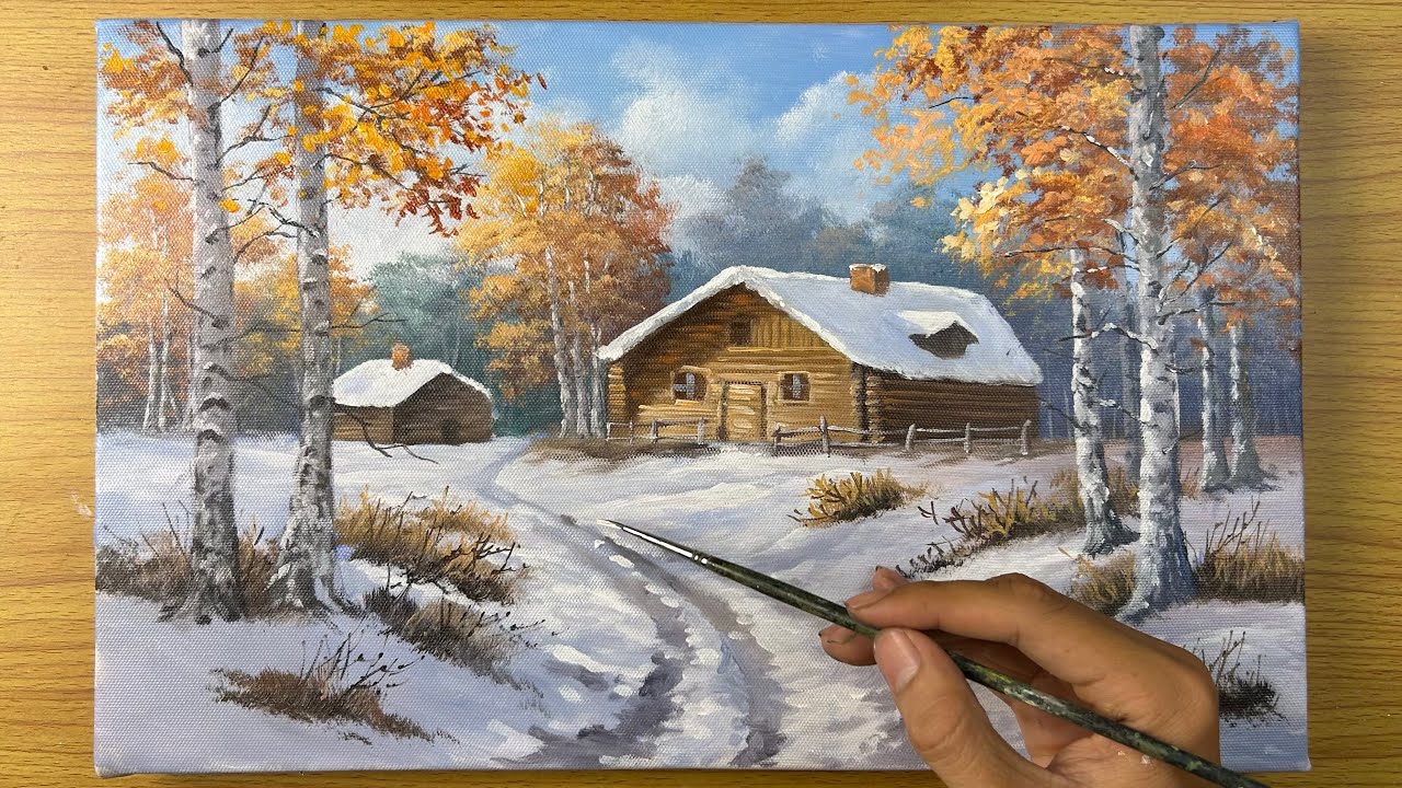 Peaceful Winter Cabin in the Snow | Relaxing Acrylic Landscape Painting