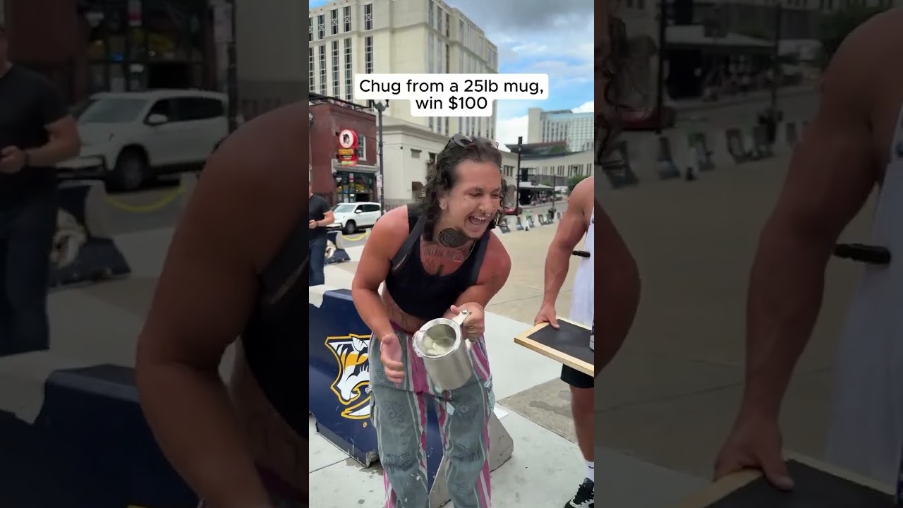 Chug from a 25 lb mug and win $100 💪😂 #PublicChallenge #FunnyShorts #1stPhorm
