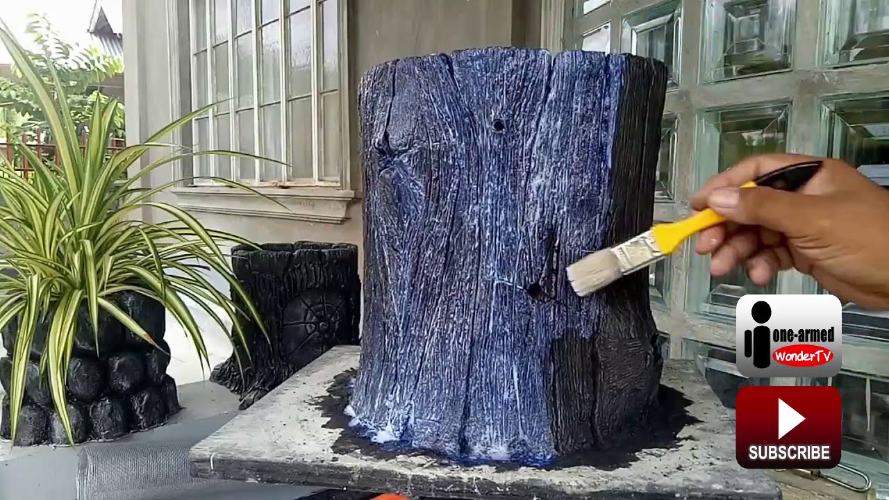 One-armed WonderTV DIY MAKING CONCRETE TREE STUMP POT #8  FOR GARDEN BEAUTIFICATION