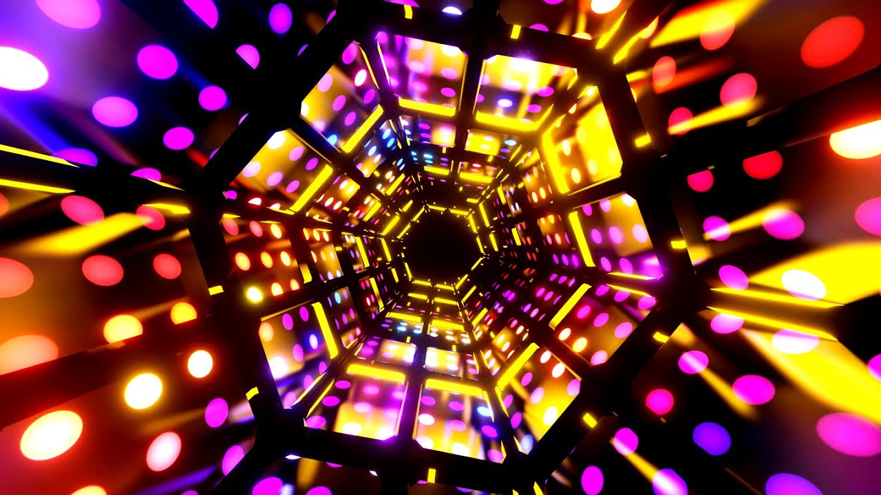 4K Abstract Rotating Hexagon Metallic Color Light Tunnel Black Screen Relaxing Neon Lights Video