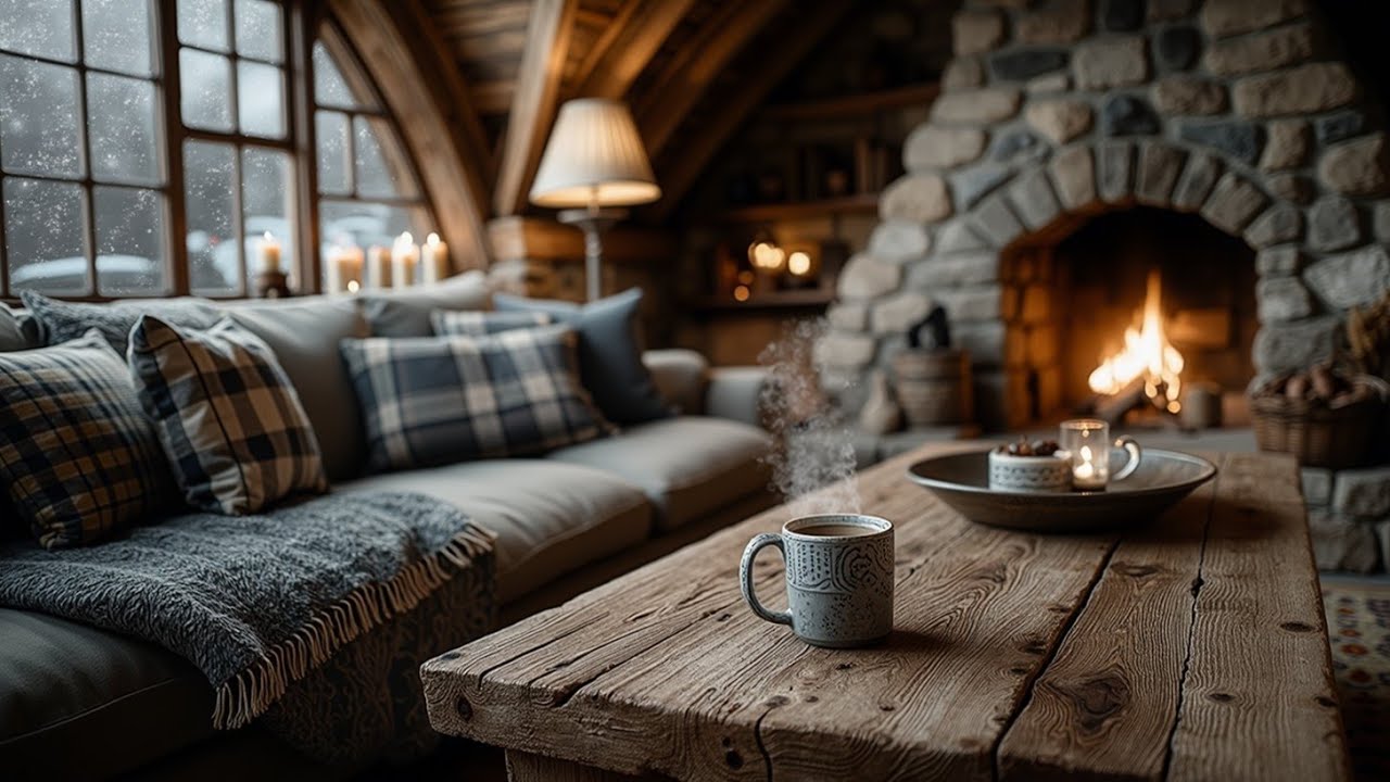 Cozy Winter Morning Guitar & Fireplace Relaxing Acoustic Focus Music for Study