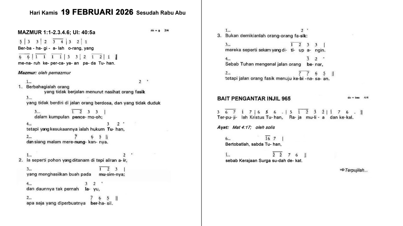 Mazmur & BPI Harian Kamis, 19 Februari 2026, Sesudah Rabu Abu 🙏
