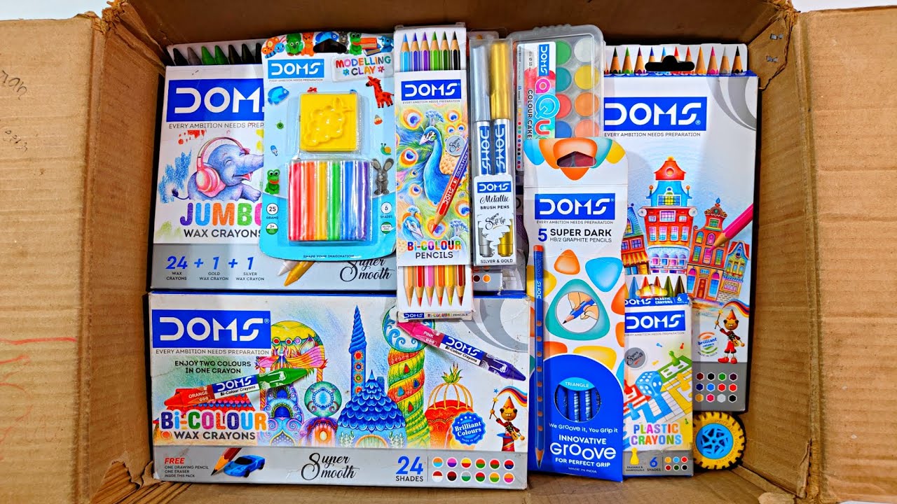 Unboxing Biggest Doms Stationery, Bi-Colour, Dark Pencils, Plastic Crayons, Eraser, Clay, Brush Pen