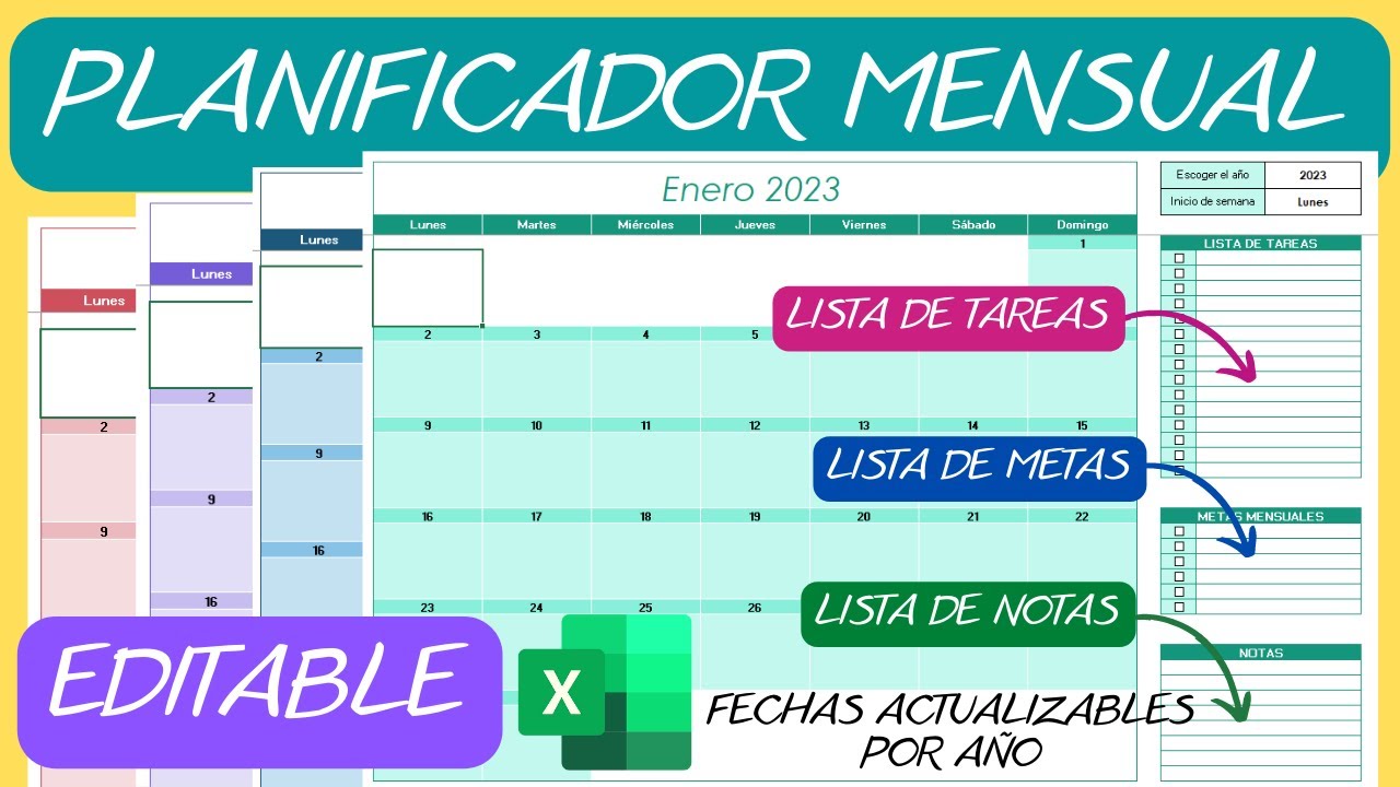 Planificador Mensual📆Editable Perpetuo en Excel✅Calendario Agenda