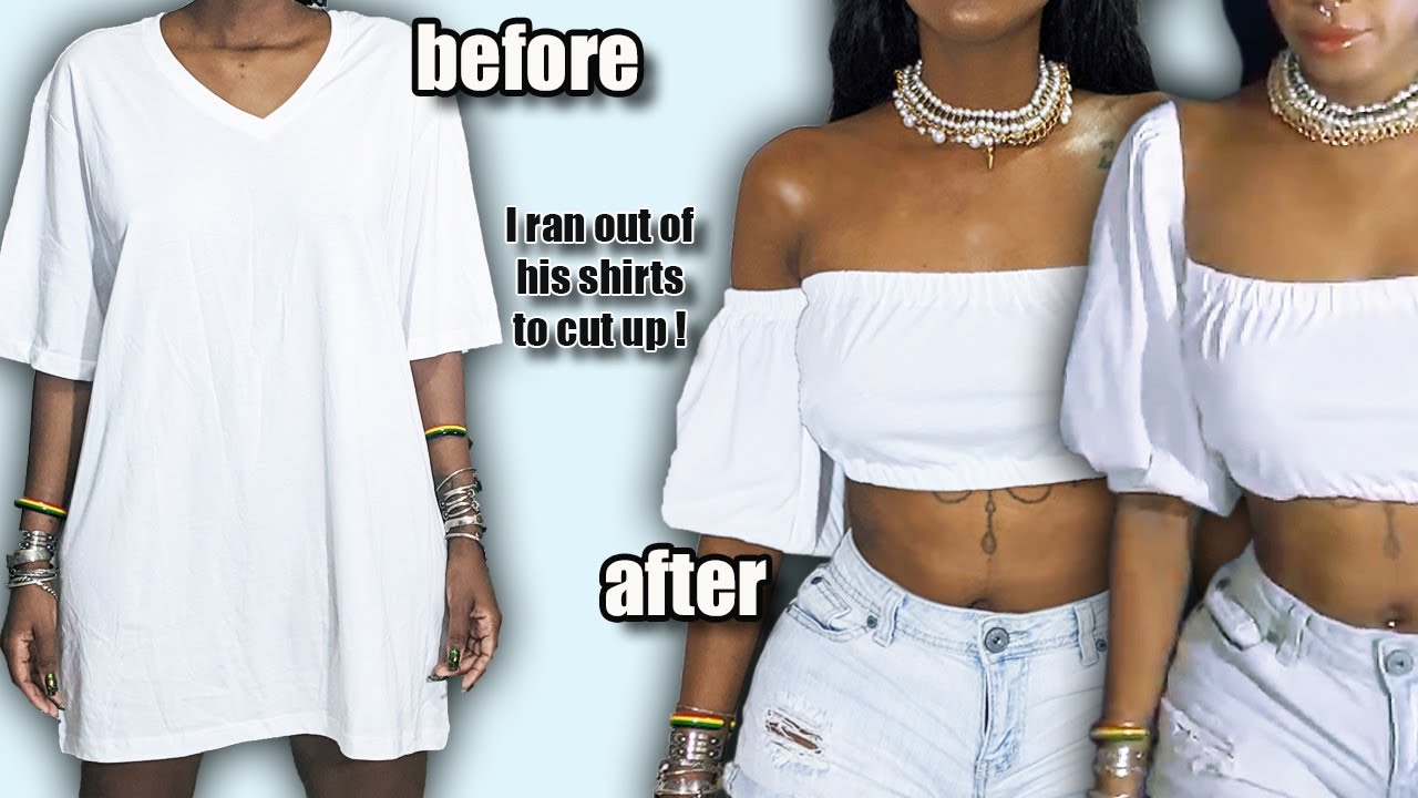 EASY DIY Off the Shoulder Crop Top from an Oversized T-shirt | Transformation | Beginner Level