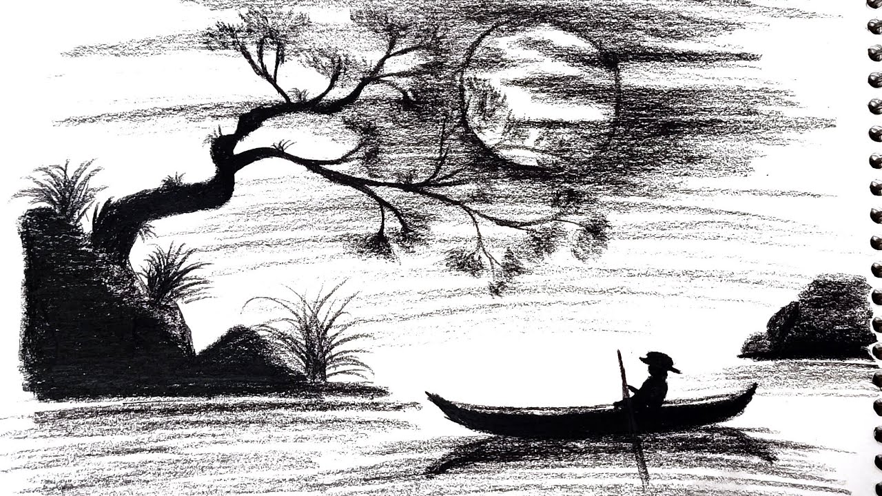Relaxing Charcoal Drawing of a Boat Under the Moonlight | Easy Landscape Sketch Tutorial